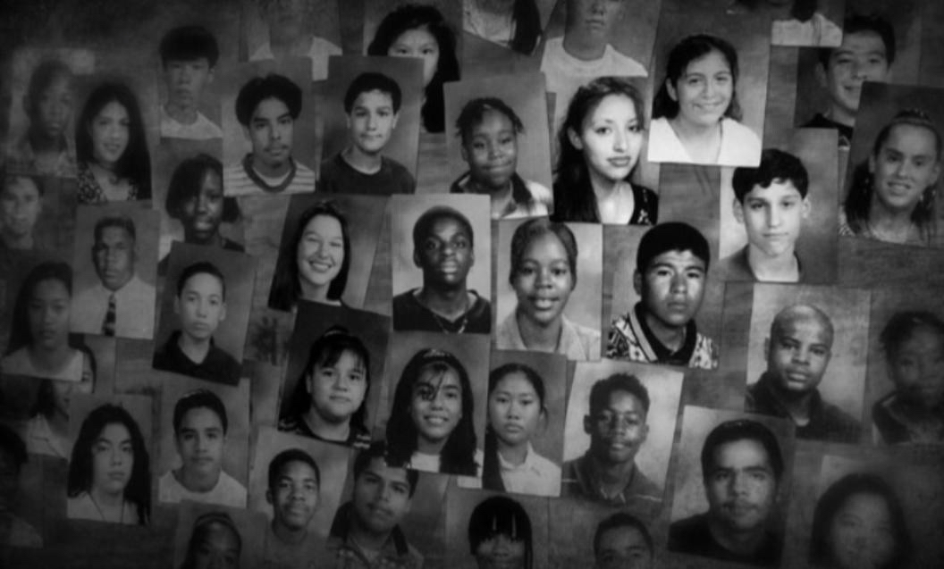 A black and white collage of several Freedom Writers' yearbook photos.